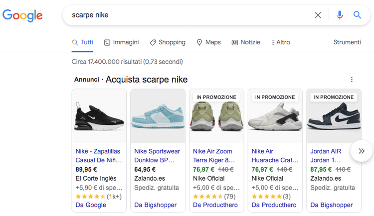Google Shopping scarpe Nike con carosello annunci prodotti