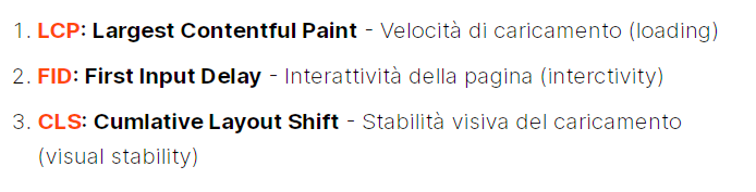 Spiegazione Web Vitals LCP FID CLS acronimi e metriche