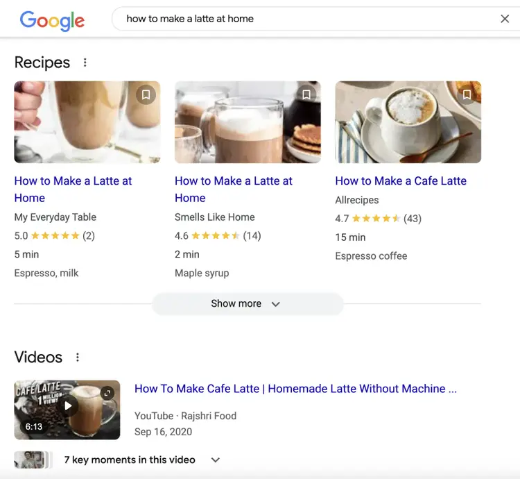 Google SERP ricette latte con video e carte ricette