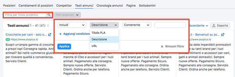 Interfaccia Ricerca advertising con filtri ricerca testo avanzata