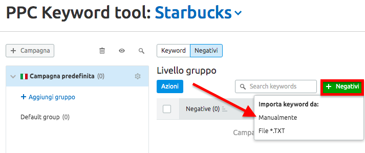 PPC Keyword Tool tab Negativi mostra opzioni aggiungi manualmente e importa