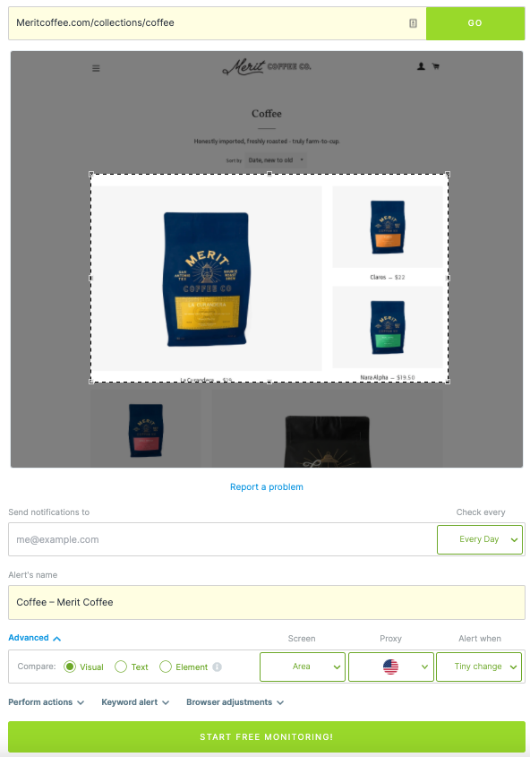 Visualping url monitoraggio coffee prodotti Merit