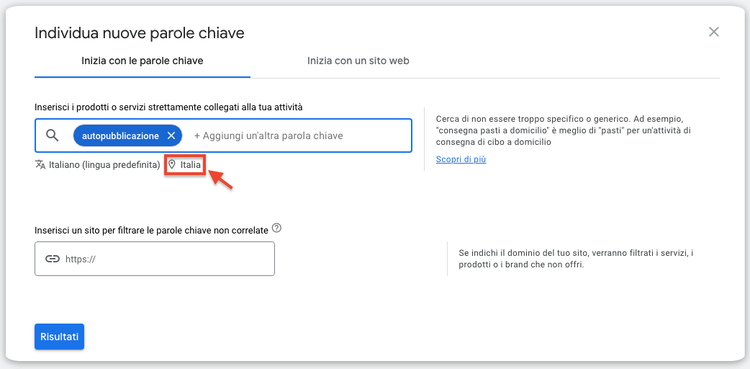 Google Ads Find new keywords interface with input