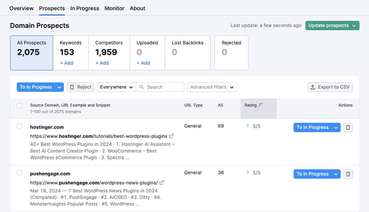 Il report Prospects mostra potenziali siti e pagine in cui è possibile richiedere un collegamento