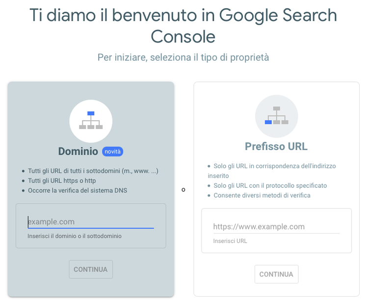 Google Search Console welcome screen with domain setup