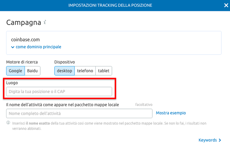 Impostazioni di tracking della posizione con selezione dominio principale