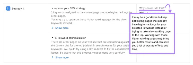 Pop-up "Perché dovrei farlo?" in On Page SEO Checker