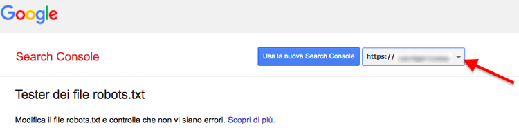 Google robots.txt tester interfaccia con pulsante Usa nuova Console
