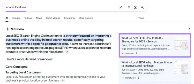 Un esempio riuscito di ottimizzazione del motore generativo da parte di Semrush, con un articolo citato come fonte nella panoramica sull'intelligenza artificiale di Google.