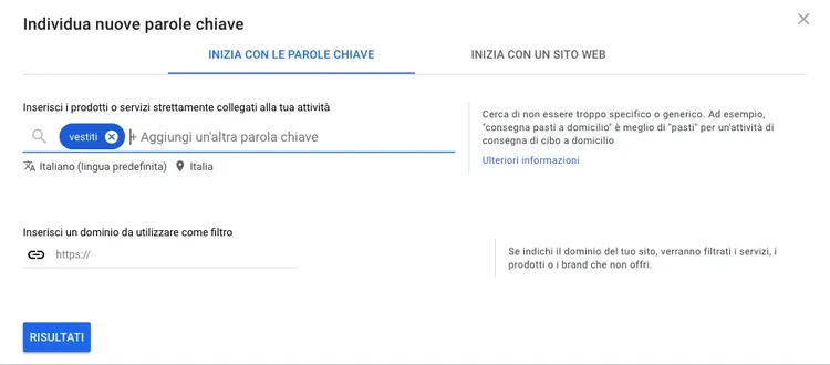 Keyword Planner con pulsante verde Aggiungi per aggiungere parole chiave