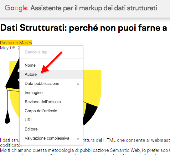 Structured Data Helper dropdown Autore markup