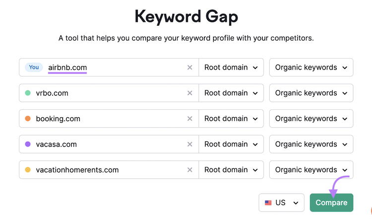 Barra di ricerca dello strumento Keyword Gap