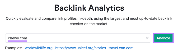 Avvio dello strumento Analisi backlink con il dominio inserito e il pulsante Analizza evidenziato