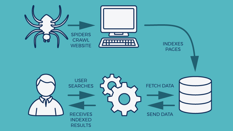 Diagramma che illustra il processo di crawling e indicizzazione dei motori ricerca