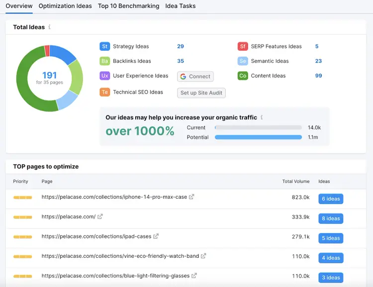 Una dashboard "Panoramica" nello strumento On Page SEO Checker