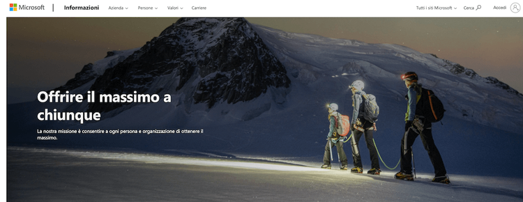 Pagina Microsoft dichiarazione missione con immagine montagna