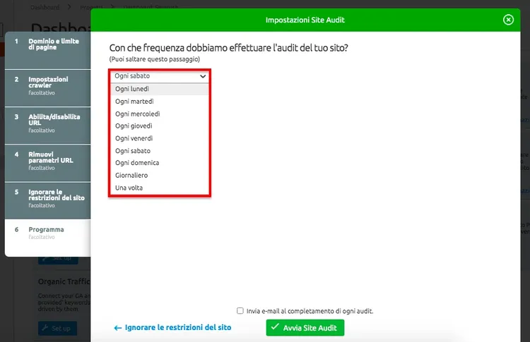 Site Audit Programma dropdown showing audit frequency scheduling options