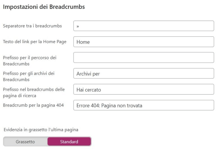 Breadcrumbs settings with separator and text fields