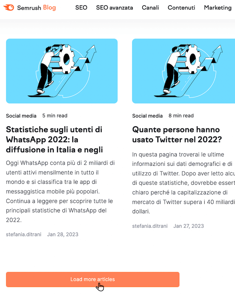 Homepage Semrush Blog con articoli WhatsApp, Twitter, Load more