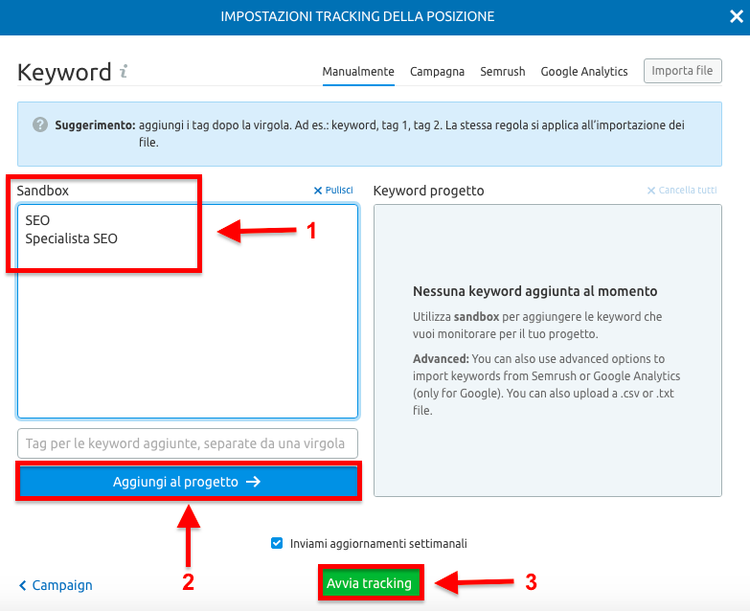 Formulario con tre passaggi per aggiungere keyword da tracciare