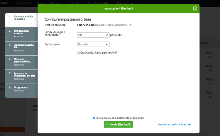 Dialog impostazioni Site Audit crawler con pulsante Avvia