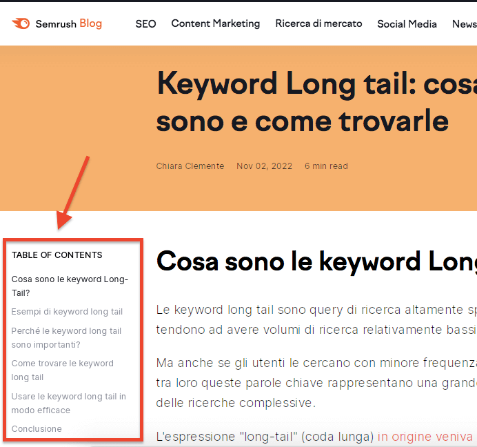 Blog header articolo keyword long tail con table of contents