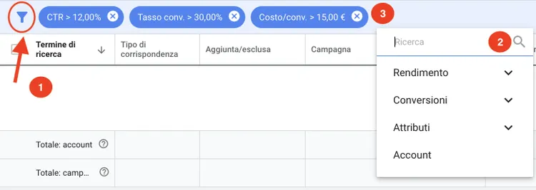 Google Ads: filtri campagna con CTR, tasso conversione, costo per conversione