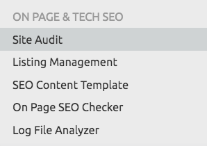 Menu ON PAGE & TECH SEO di Semrush con Site Audit evidenziato