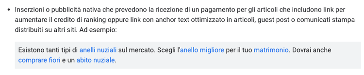 Testo linee guida Google pagamenti link anchor text ricchi