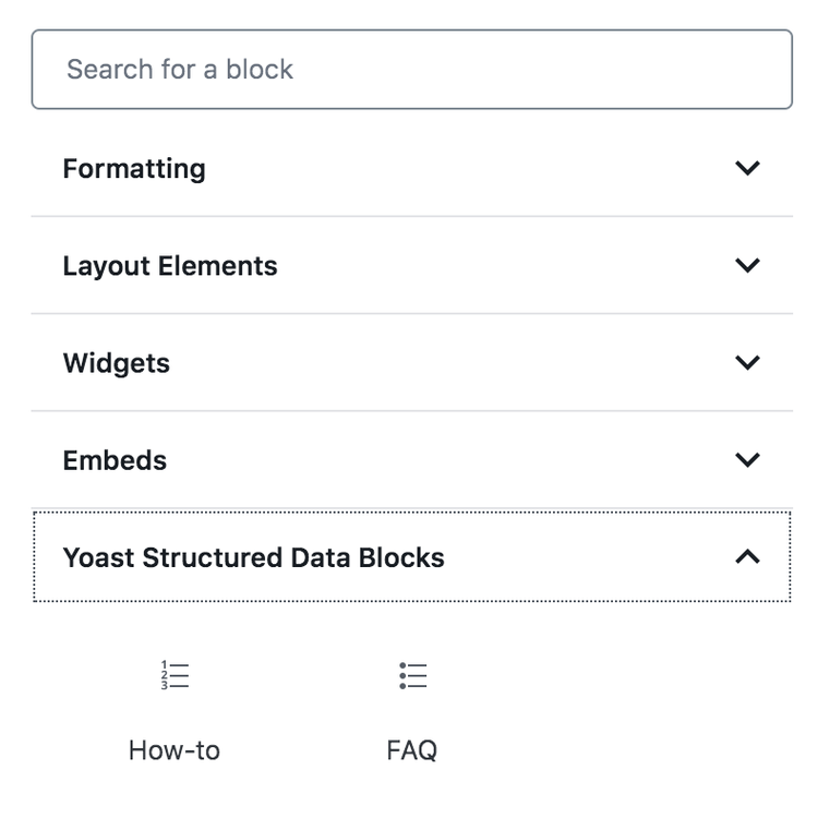 Yoast Structured Data Blocks: menu categorie Formatting, Layout, Widgets