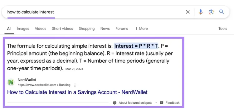 Google SERP con lo snippet in primo piano evidenziato per il termine "come calcolare gli interessi."