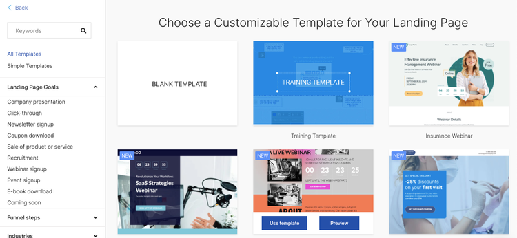 Selezione template personalizzabili per Landing Page Builder di Semrush