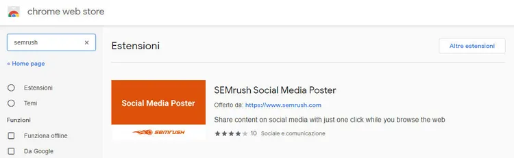 Extension Chrome Semrush Social Media Poster con descrizione e 4 stelle rating