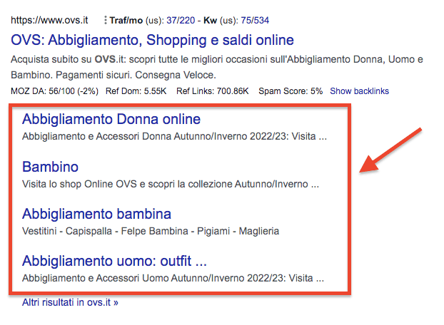 Google OVS sitelinks abbigliamento donna uomo