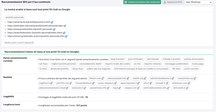 Raccomandazioni SEO contenuto link backlink keyword analisi