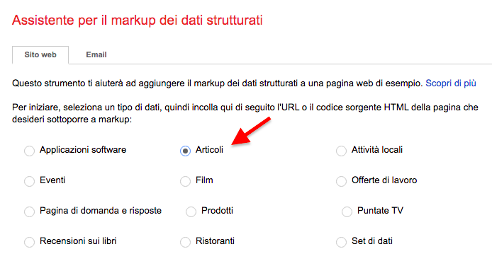 Google Structured Data Markup Helper tipo dati