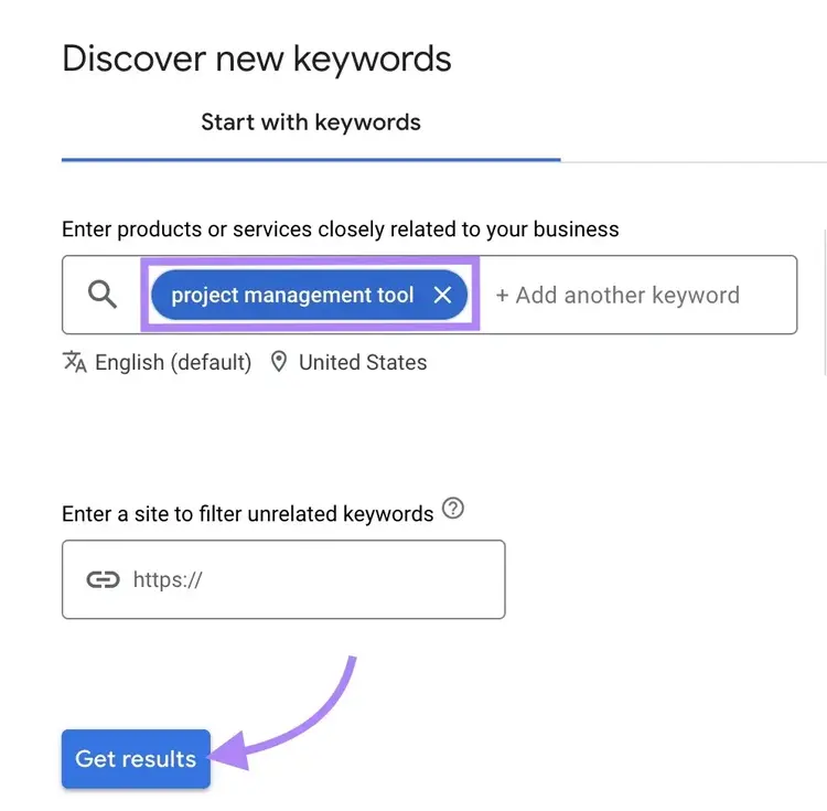 "Scopri nuove parole chiave" sullo strumento Keyword Planner di Google con un termine seed inserito e "Ottieni risultati" cliccato.