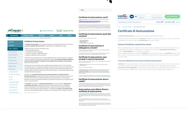 Raccolta di siti web che mostrano certificati di assicurazione