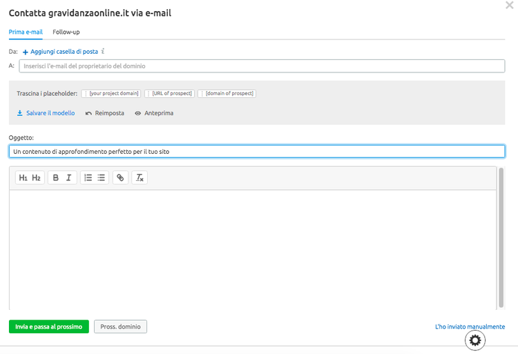 Semrush email outreach composition form with subject line and message body field