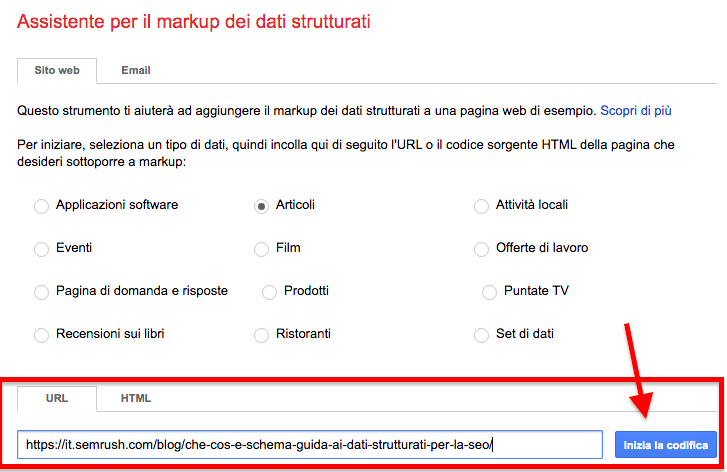 Structured Data Helper URL input 'Inizia codifica'
