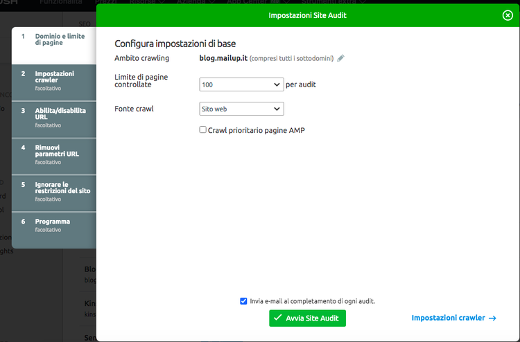Impostazioni crawler Site Audit limiti pagina profondità crawl