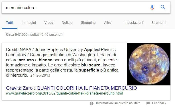 Esempio funzionamento motore di ricerca semantico: SERP mercurio colore