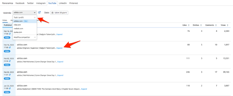 Social Media Tracker: scheda YouTube con analytics