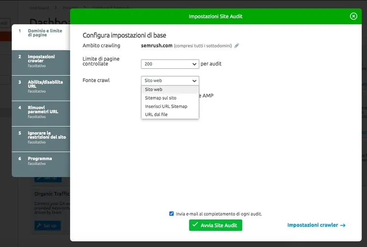Site Audit impostazioni showing crawl source dropdown with Sito web option