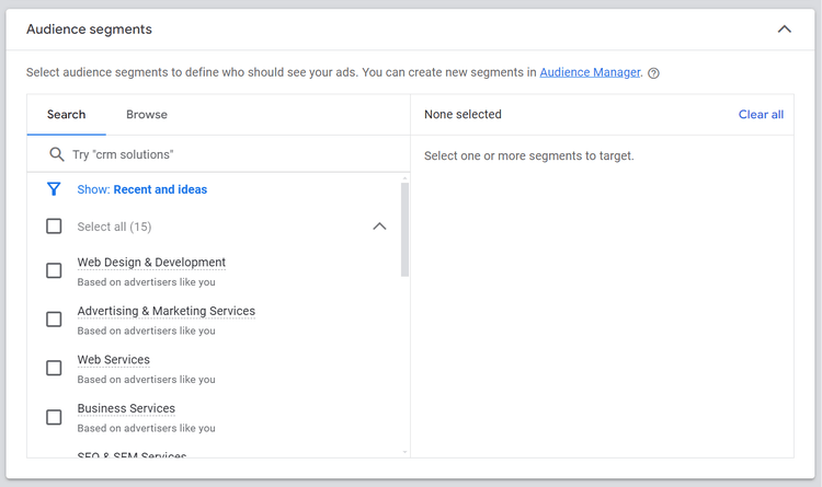 Menu dei segmenti di pubblico in Google Ads
