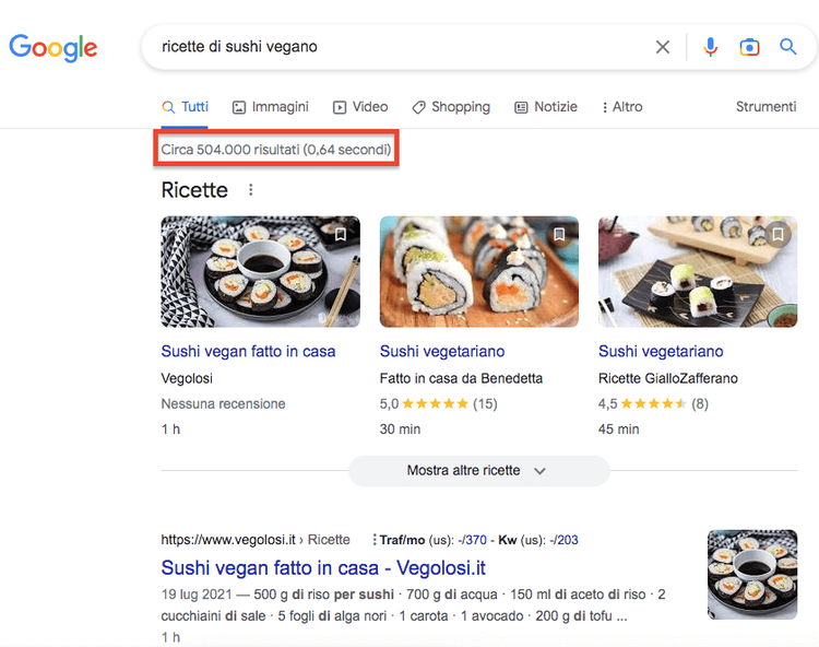 Risultati Google ricette sushi vegano 504 mila risultati