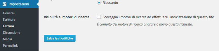 Impostazioni WordPress per visibilità ai motori di ricerca con opzione Riassunto