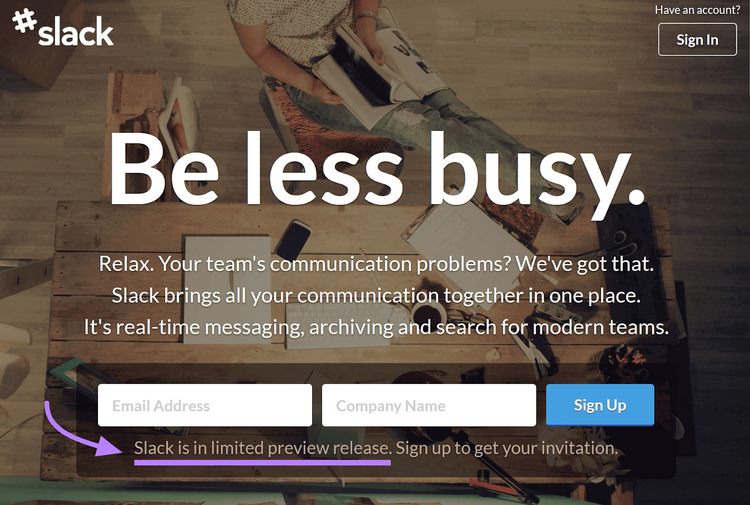 La landing page dell'evento di lancio di Slack
