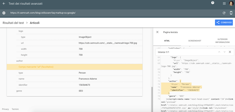 Risultati test markup schema con dettagli elemento Articolo