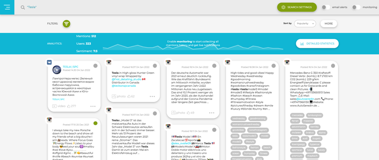 Social Searcher monitoring dashboard mentions